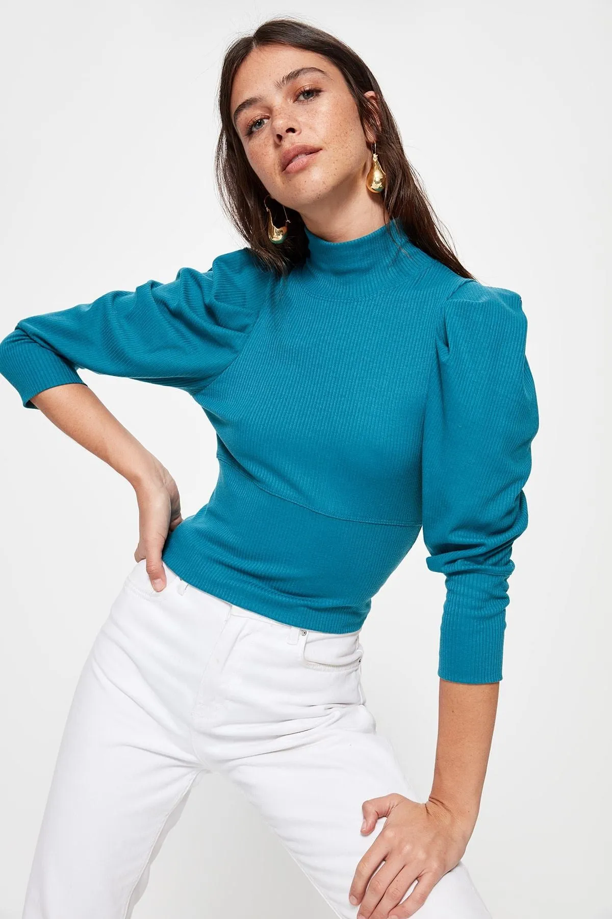 13607 Turquoise Puff Sleeve Turtleneck Knitted Blouse