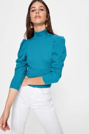 13607 Turquoise Puff Sleeve Turtleneck Knitted Blouse