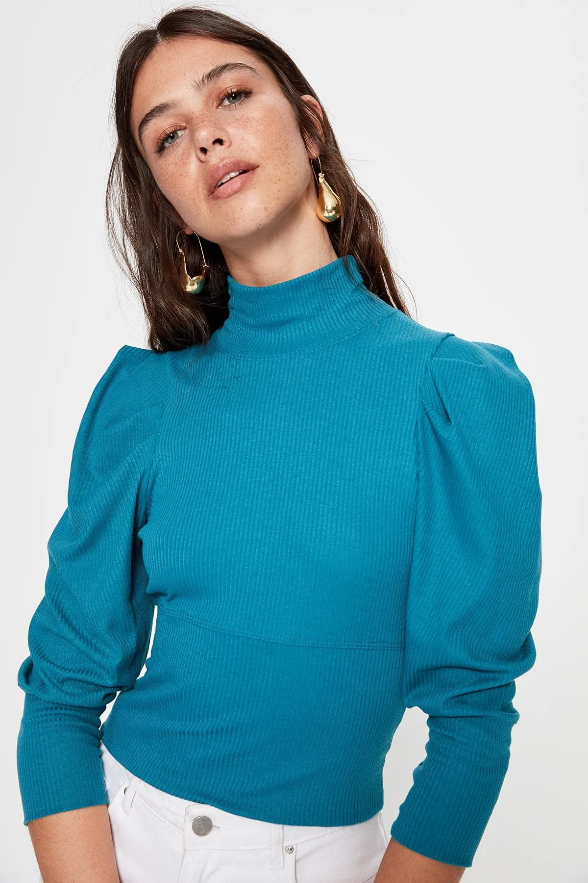 13607 Turquoise Puff Sleeve Turtleneck Knitted Blouse