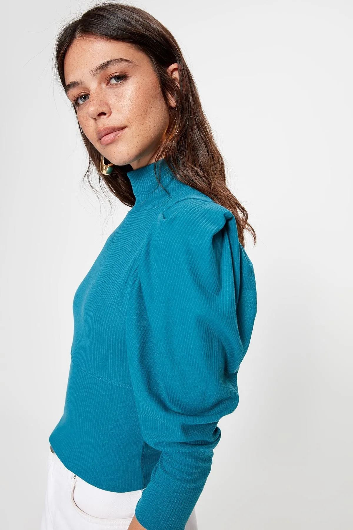 13607 Turquoise Puff Sleeve Turtleneck Knitted Blouse