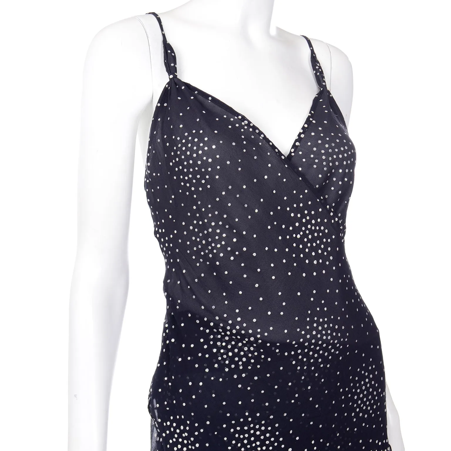 2001 Ronit Zilkha Vintage Navy Blue Silk Dot Evening Slip Dress