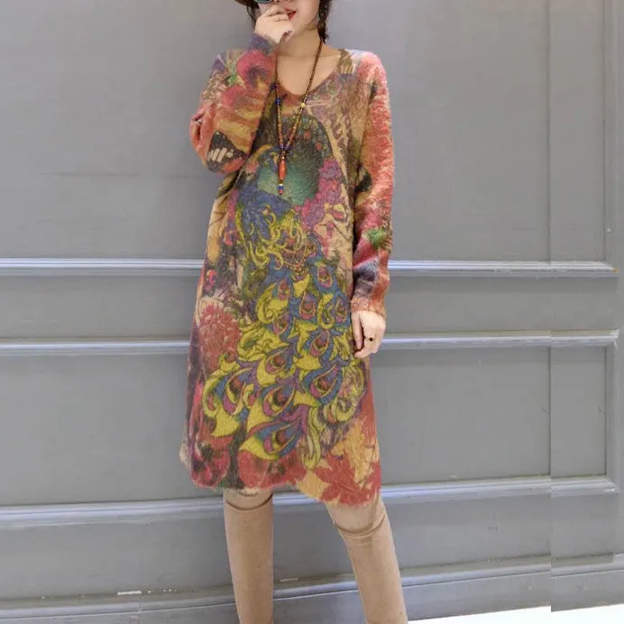 2021 vintage elastic woolen sweater dresses loose phoenix print casual women  cozy knit dress