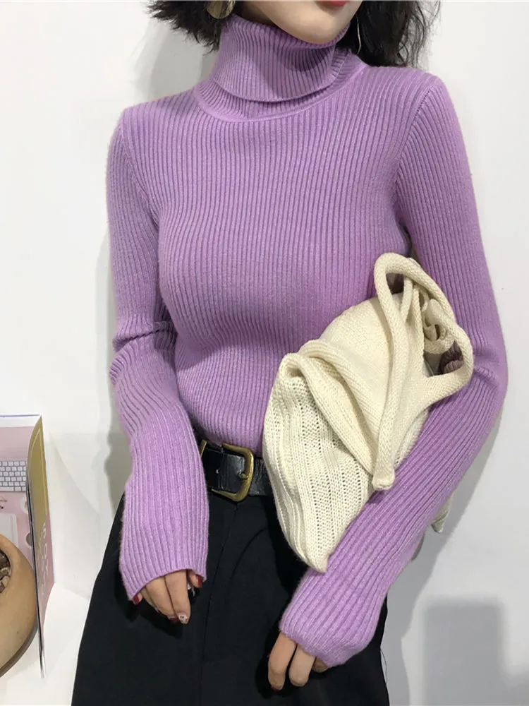 2023 Autumn Winter Thick Sweater Women Knitted Ribbed Pullover Sweater Long Sleeve Turtleneck Slim J