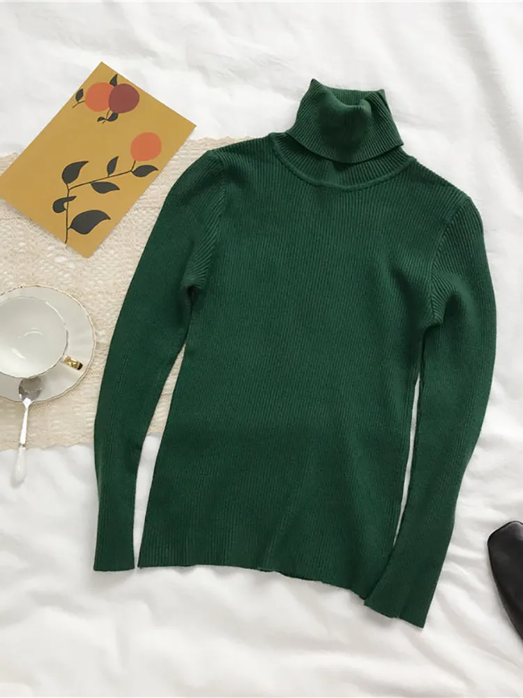 2023 Autumn Winter Thick Sweater Women Knitted Ribbed Pullover Sweater Long Sleeve Turtleneck Slim J