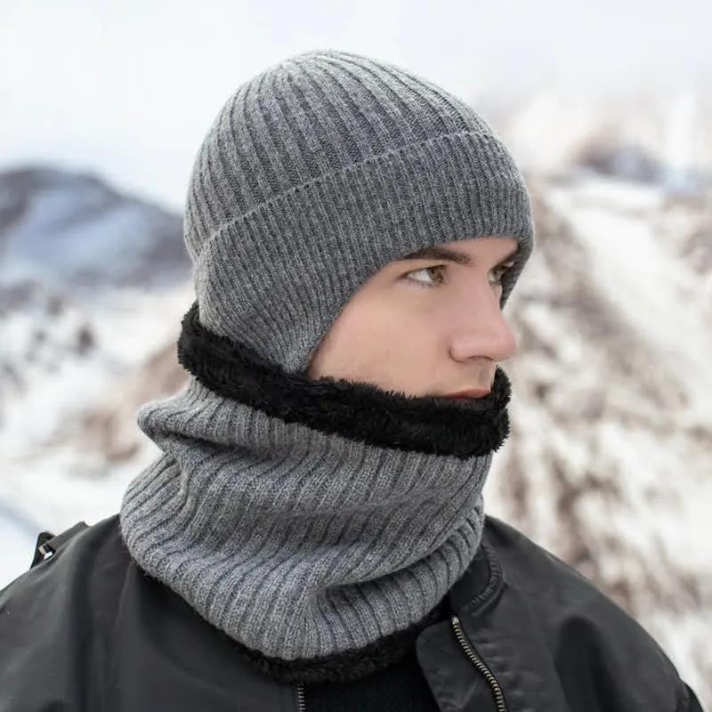 2Pcs Men's Ear Protection Knitted Hat With Scarf Set