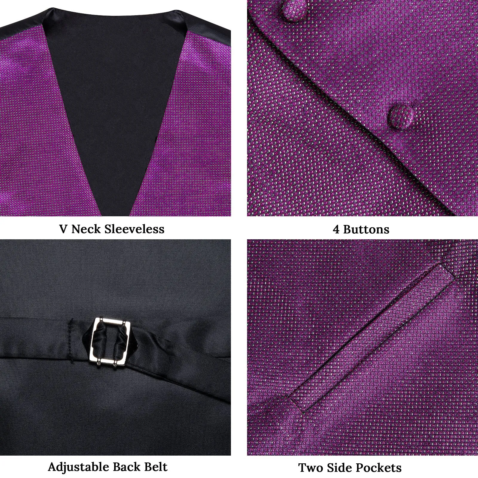 Amethyst Purple Solid Shiny Men's Vest Bowtie Hanky Cufflinks Set Waistcoat Suit Set