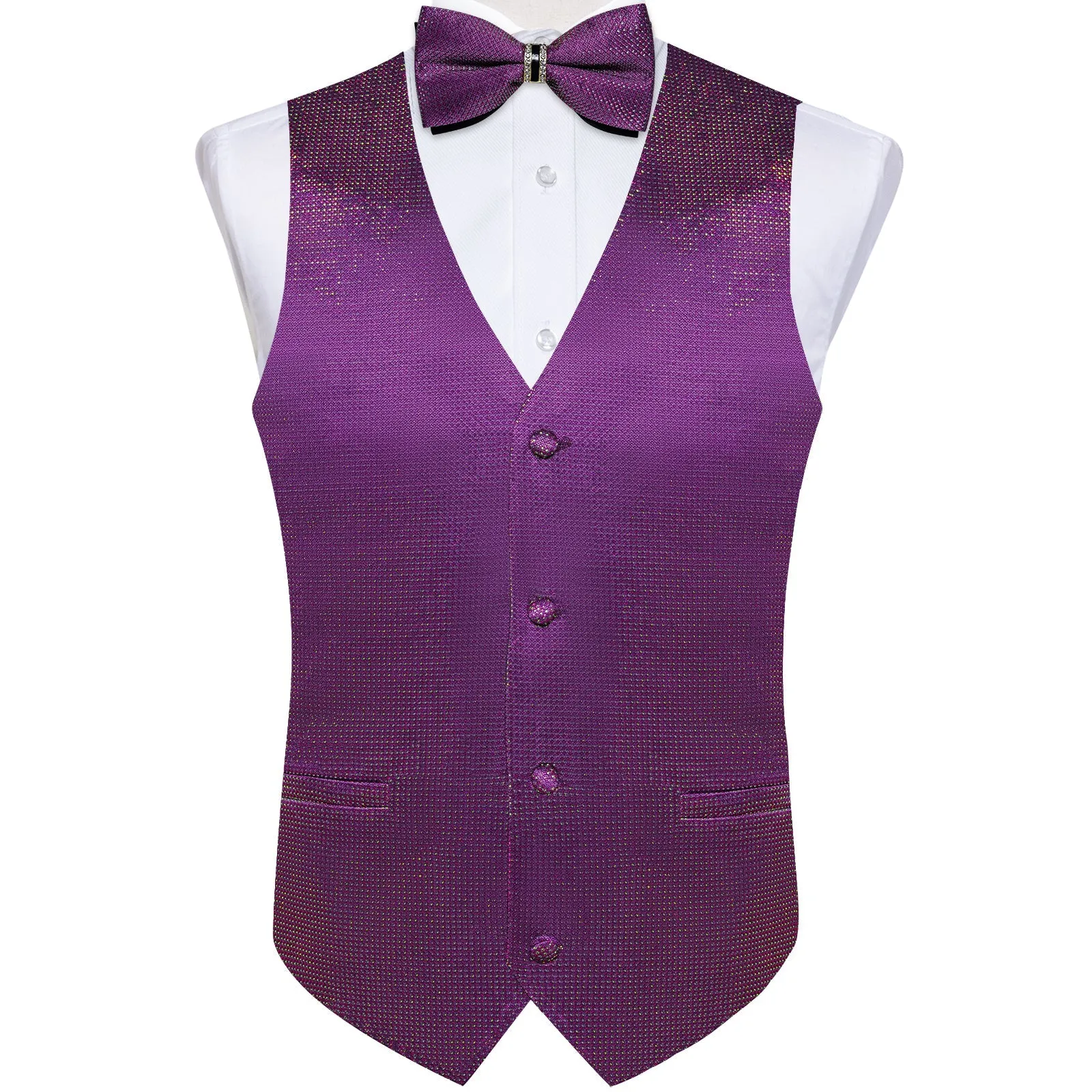 Amethyst Purple Solid Shiny Men's Vest Bowtie Hanky Cufflinks Set Waistcoat Suit Set