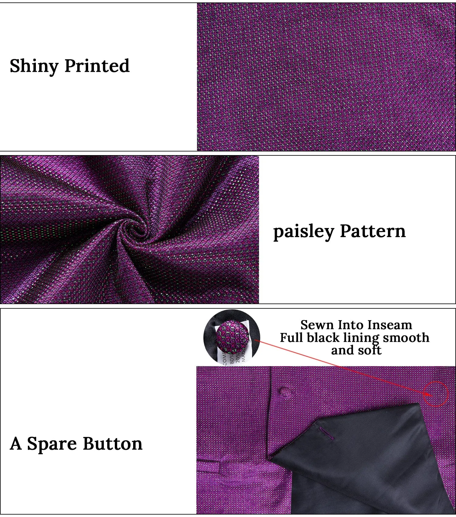 Amethyst Purple Solid Shiny Men's Vest Bowtie Hanky Cufflinks Set Waistcoat Suit Set