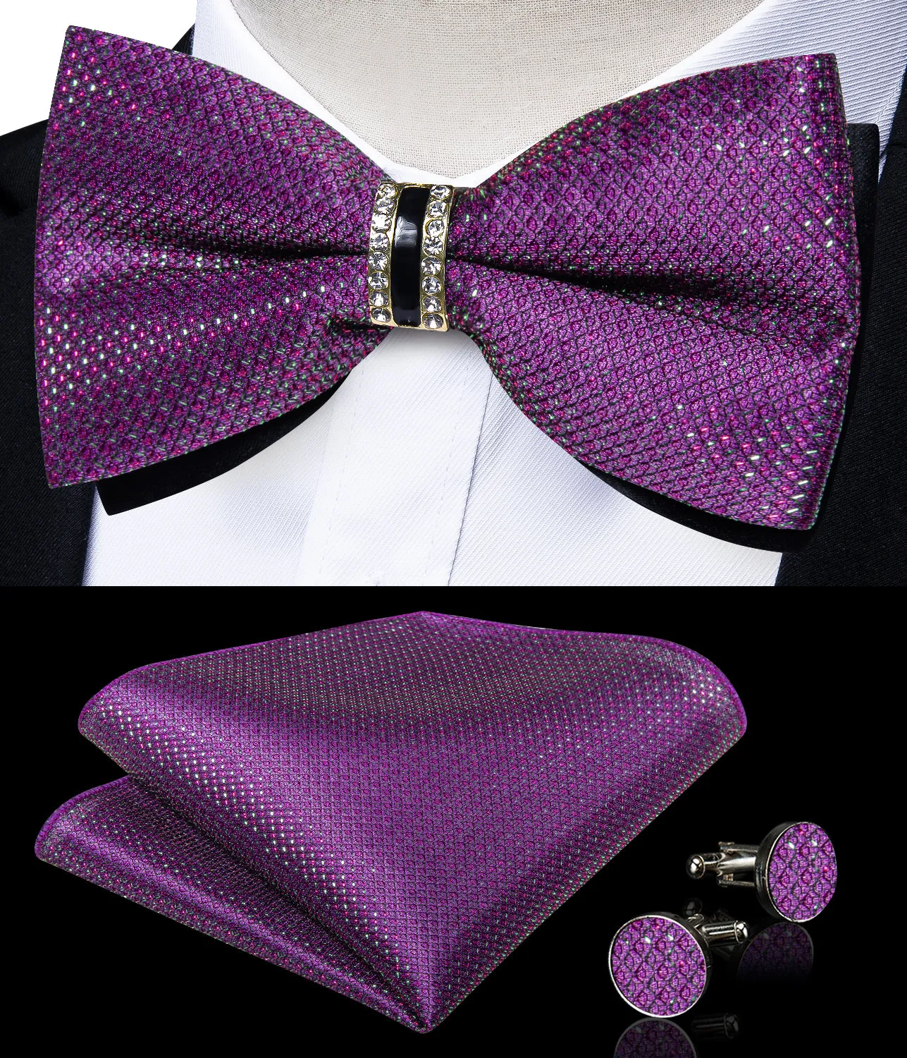 Amethyst Purple Solid Shiny Men's Vest Bowtie Hanky Cufflinks Set Waistcoat Suit Set