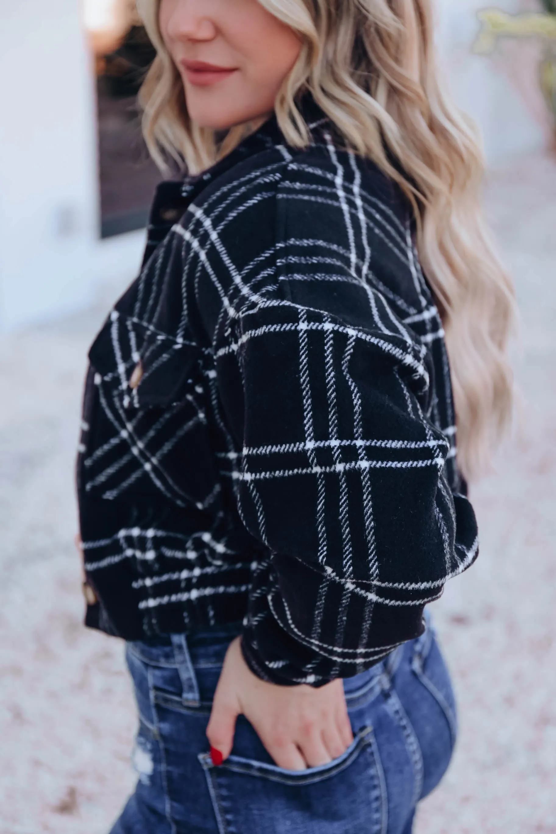 Arcadia Cropped Plaid Shacket - Black