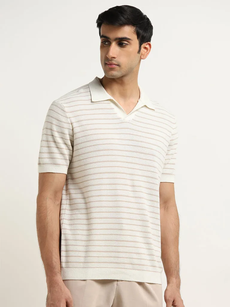 Ascot Off-White Striped Design Relaxed-Fit Cotton T-Shirt