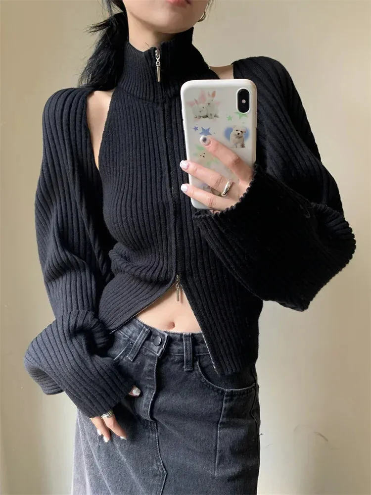 Autumn Two Pieces Set Vintage Zipper Cardigan Women Y2k Aesthetic CropSweater Jackets Female Harajuku Knitted Solid Cloak