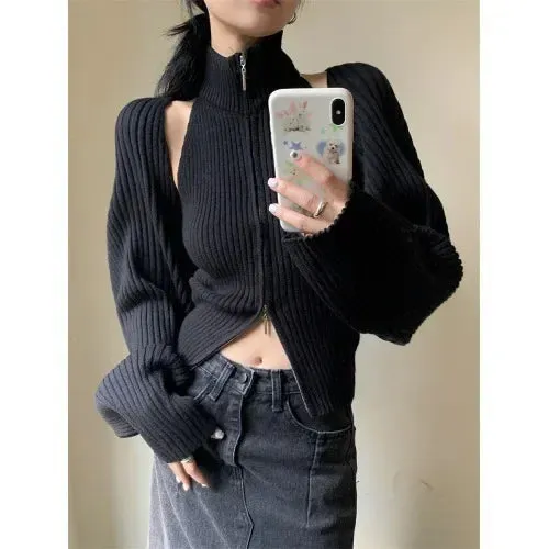 Autumn Two Pieces Set Vintage Zipper Cardigan Women Y2k Aesthetic CropSweater Jackets Female Harajuku Knitted Solid Cloak