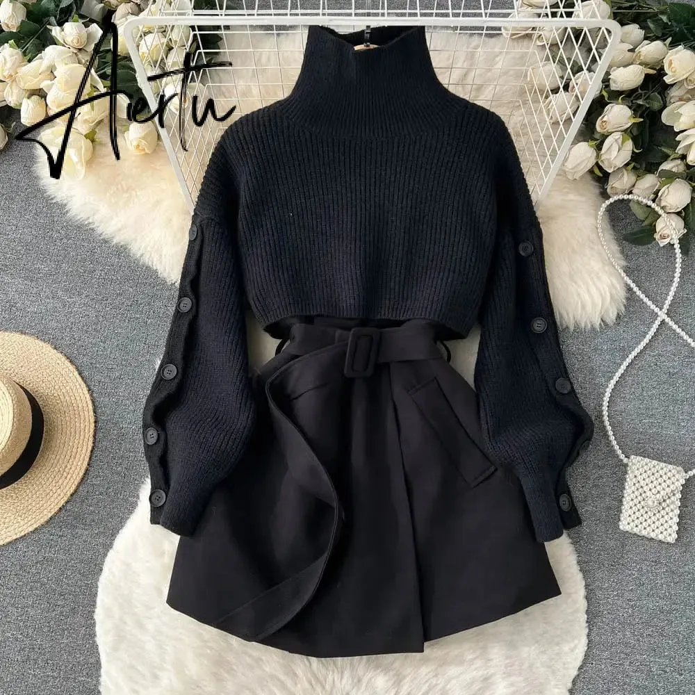 Autumn Winter Knit Two Piece Set Women's Single-breasted Turtleneck Cropped Pullover Sweater V-neck Vest Dress Solid Women Suit