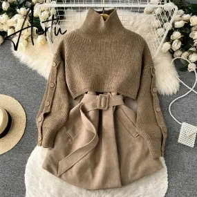 Autumn Winter Knit Two Piece Set Women's Single-breasted Turtleneck Cropped Pullover Sweater V-neck Vest Dress Solid Women Suit