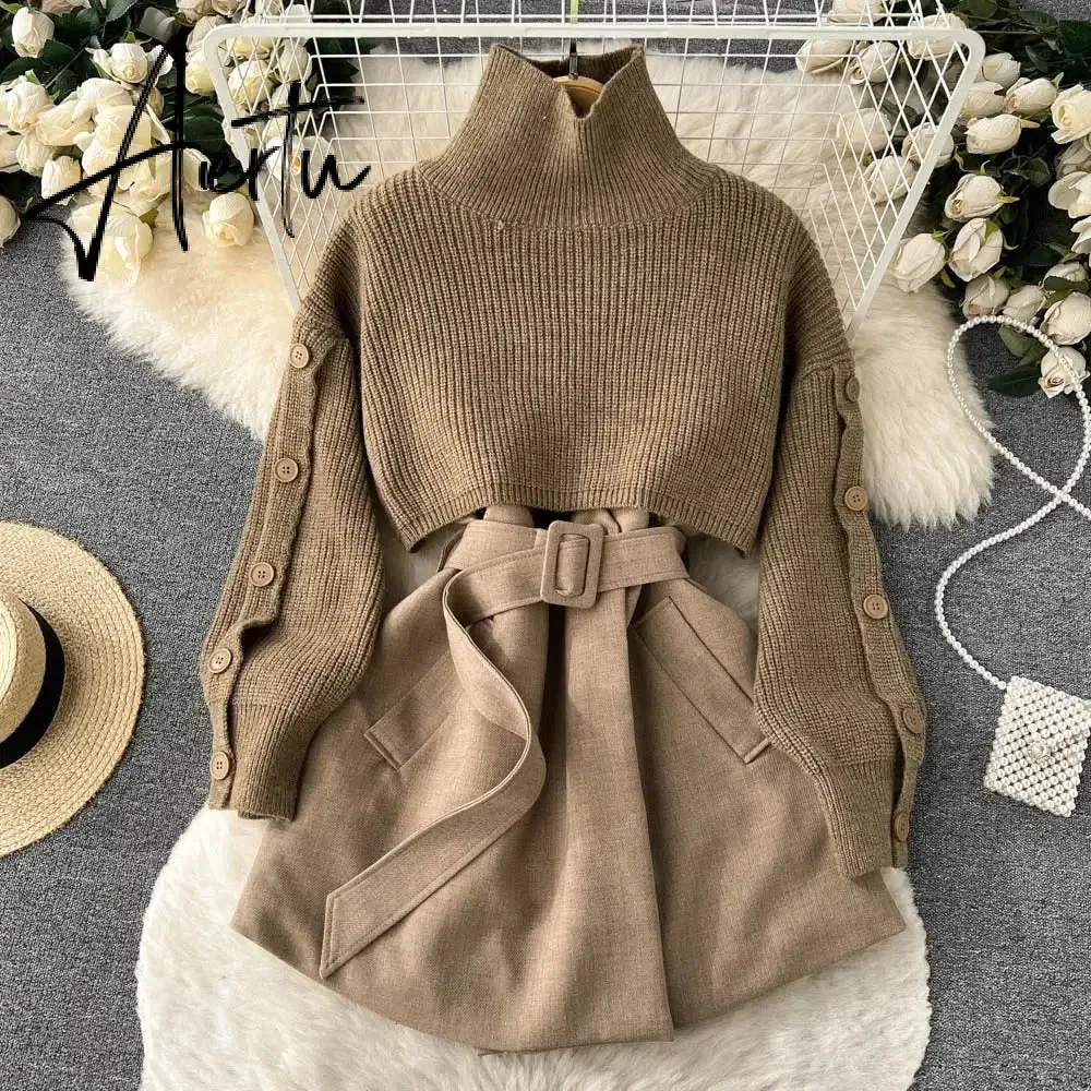 Autumn Winter Knit Two Piece Set Women's Single-breasted Turtleneck Cropped Pullover Sweater V-neck Vest Dress Solid Women Suit