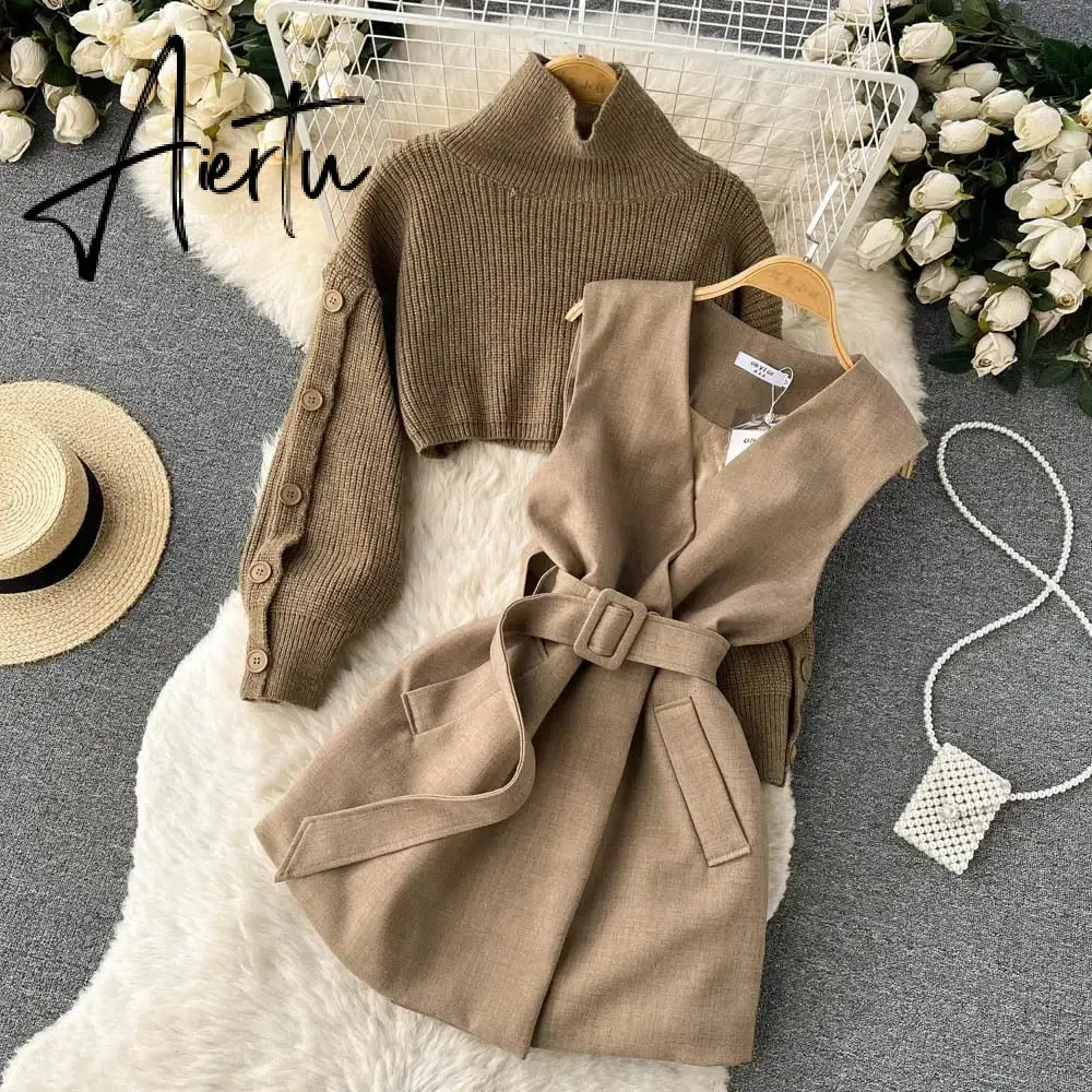 Autumn Winter Knit Two Piece Set Women's Single-breasted Turtleneck Cropped Pullover Sweater V-neck Vest Dress Solid Women Suit