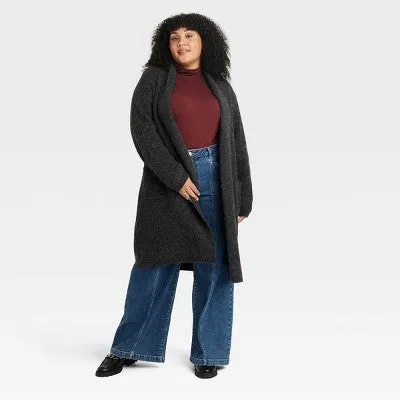 Ava & Viv Women's Plus Open Front Shaker-Stitch Duster Patch Pockets