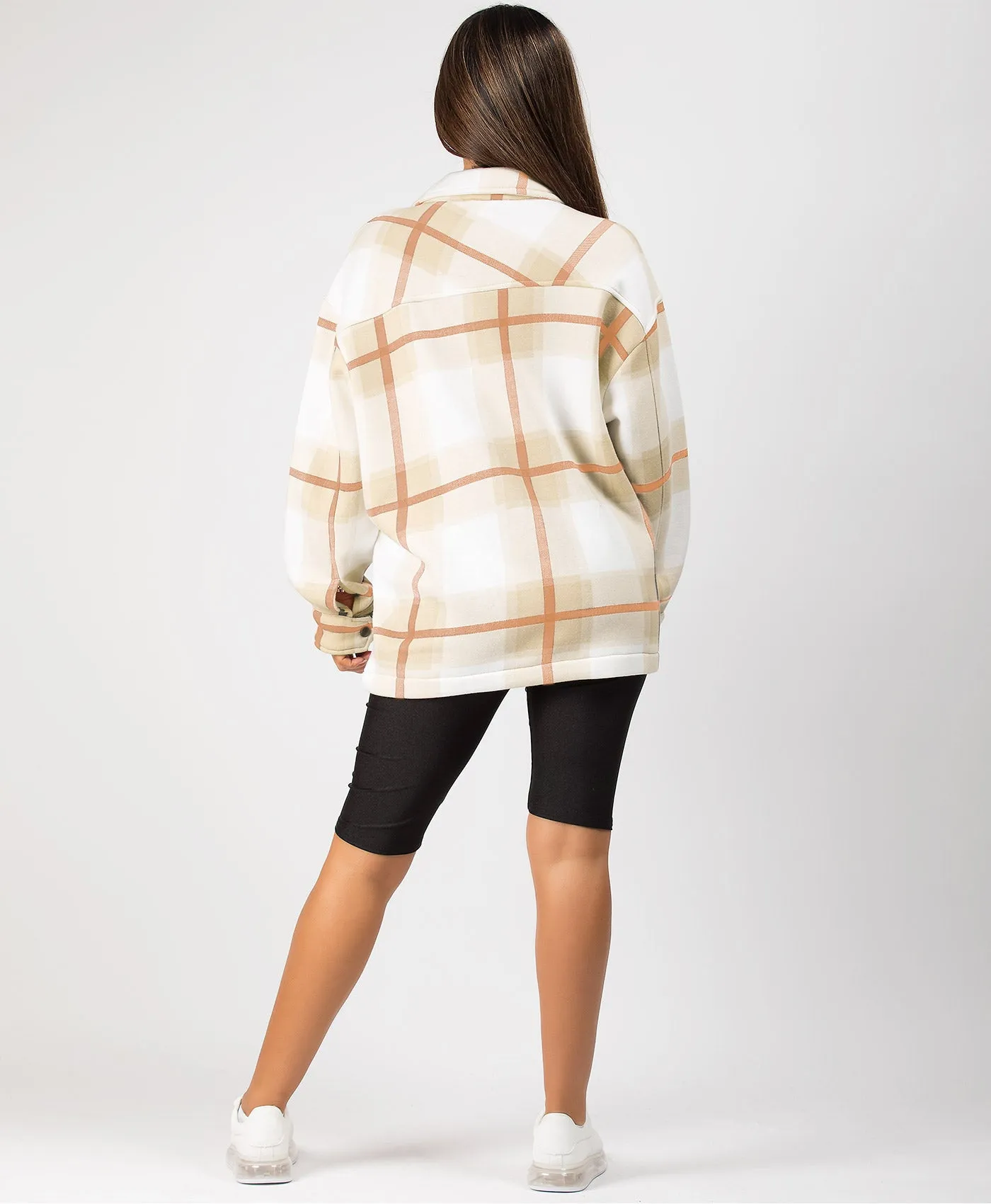 Beige Fleece Oversized Check Shirt Shacket