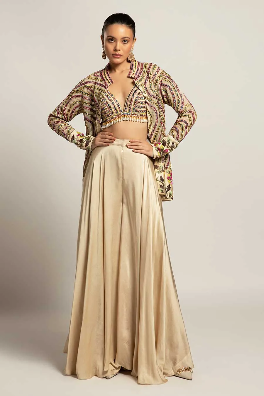 Beige Lustrous Embroidered Bralette & Pant with Jacket Set