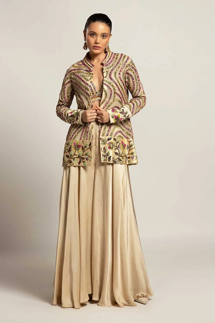 Beige Lustrous Embroidered Bralette & Pant with Jacket Set