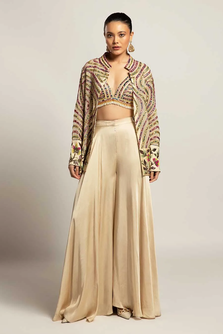 Beige Lustrous Embroidered Bralette & Pant with Jacket Set