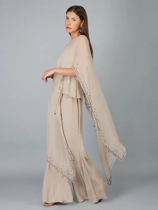 Beige Sequins Flower Viscose Georgette Cape Set (Set of 3)