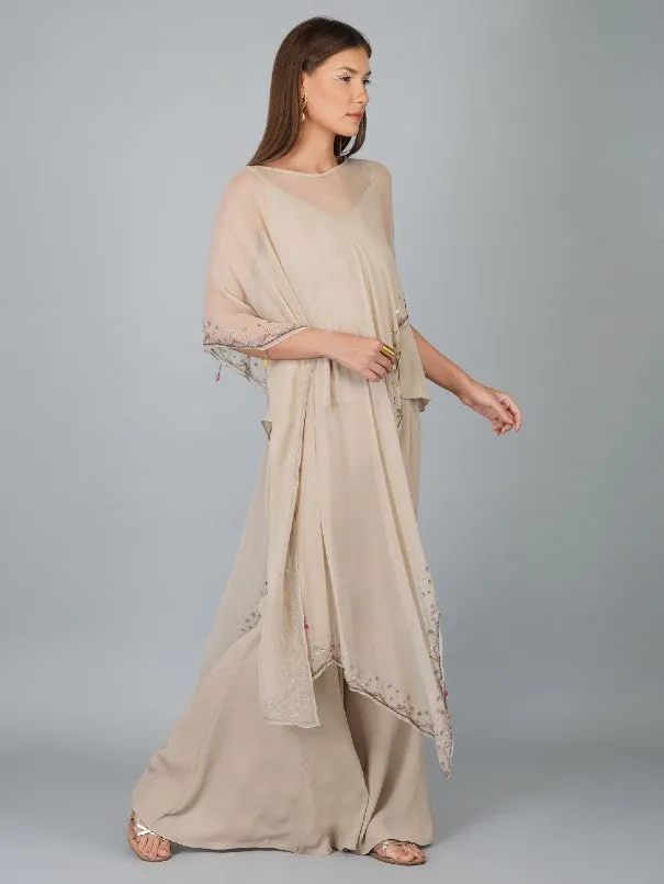 Beige Sequins Flower Viscose Georgette Cape Set (Set of 3)