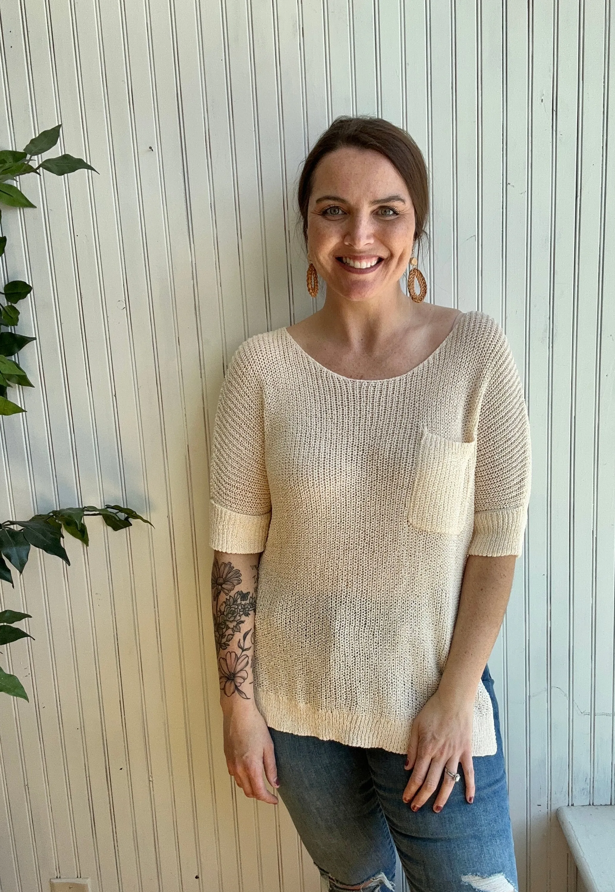 Beige Slouchy Knitted Top with Pocket