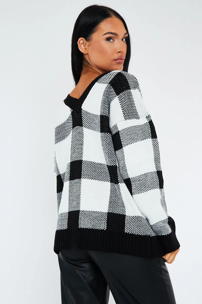 Black Check Deep Neck Sweater - Neta