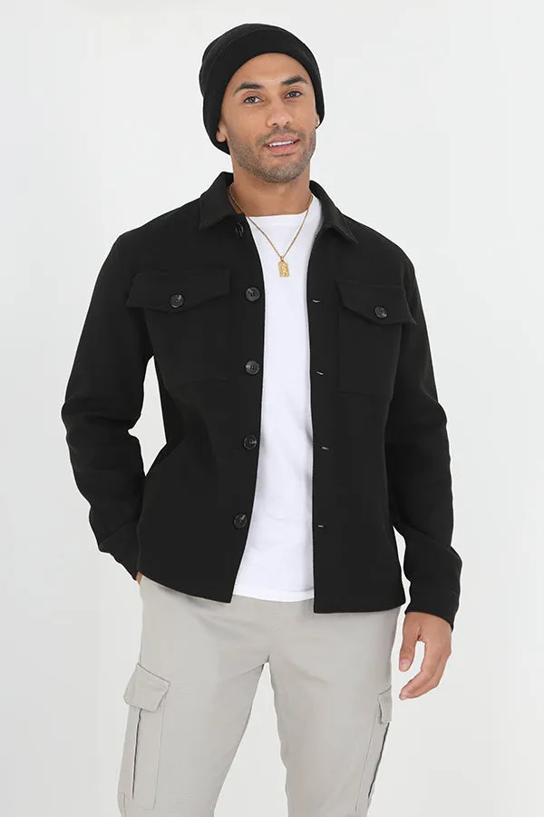 BLACK FAUX WOOL BUTTON THROUGH SHACKET