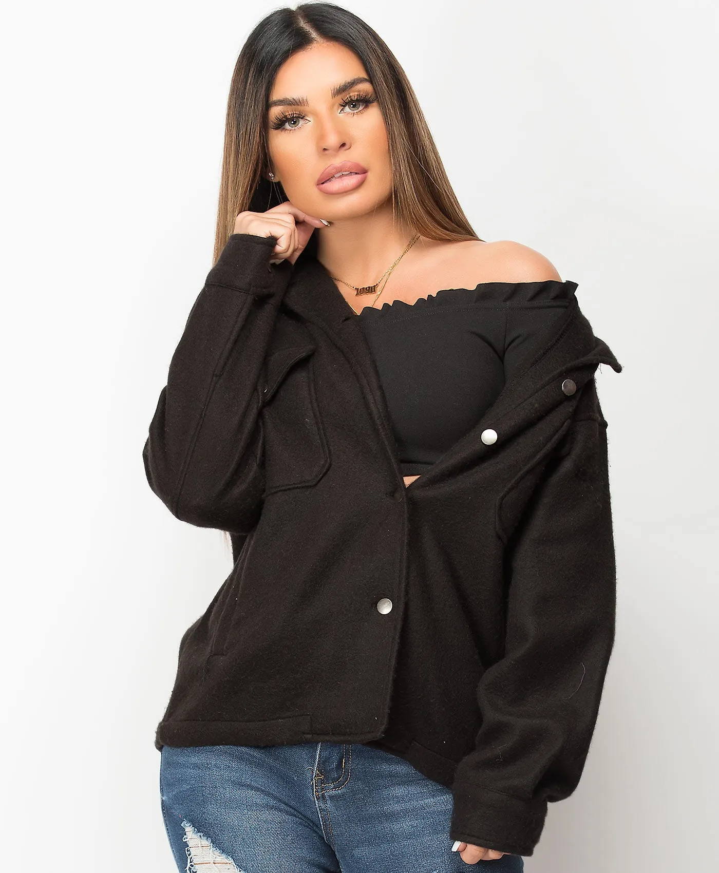 Black Fleece Oversized Plain Shirt Shacket