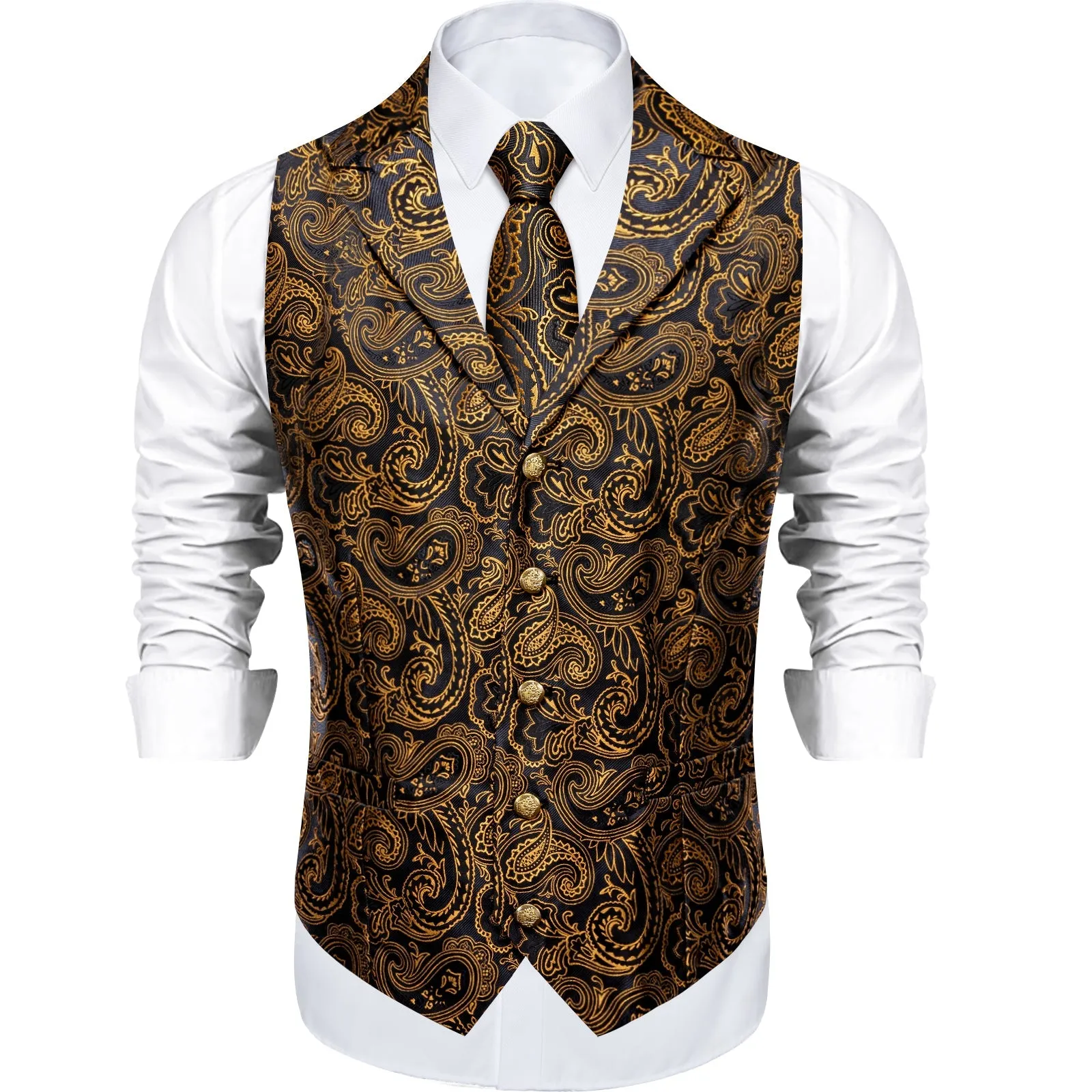 Black Goldenrod Yellow Paisley Men's Collar Vest Tie Hanky Cufflinks Set Waistcoat Suit Set