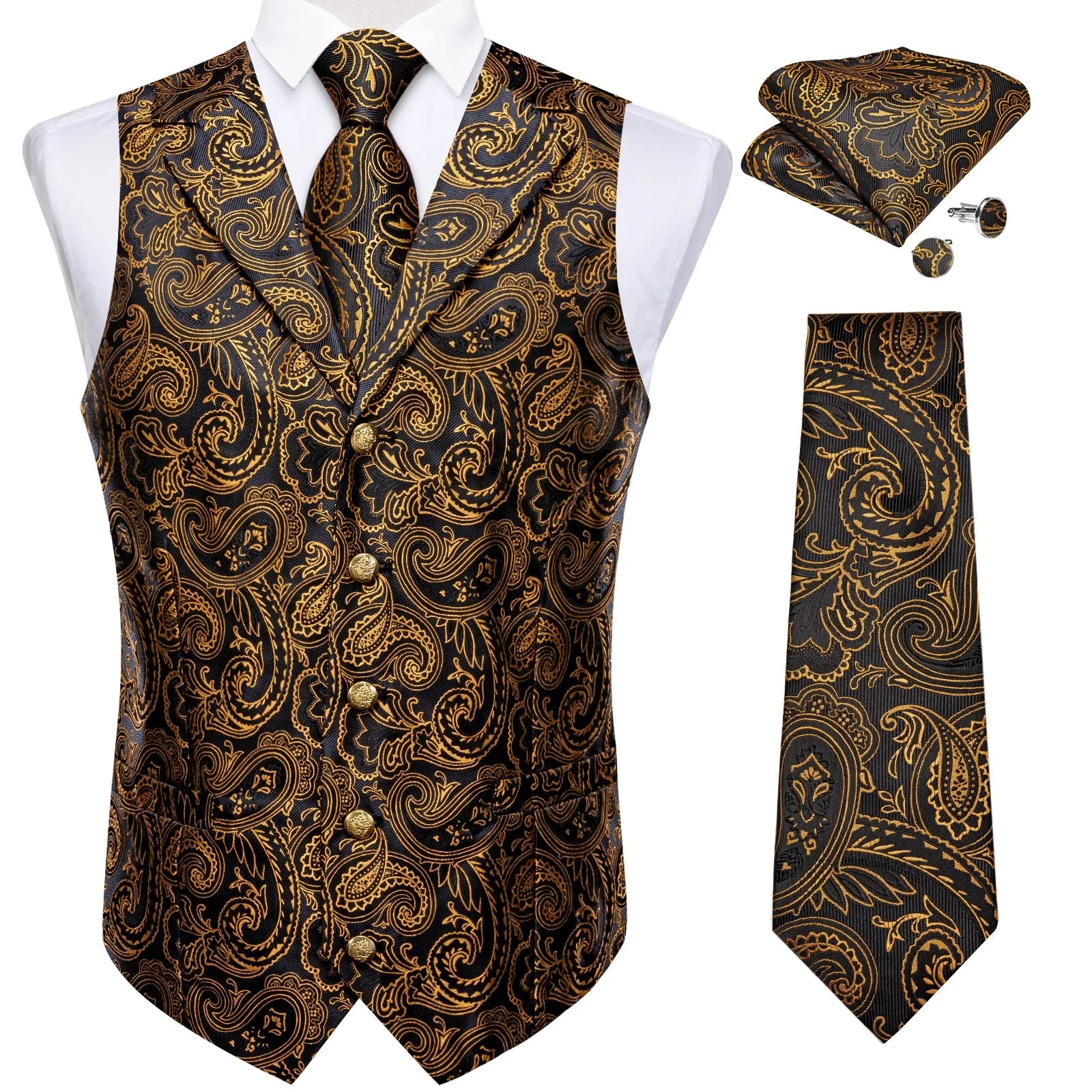 Black Goldenrod Yellow Paisley Men's Collar Vest Tie Hanky Cufflinks Set Waistcoat Suit Set