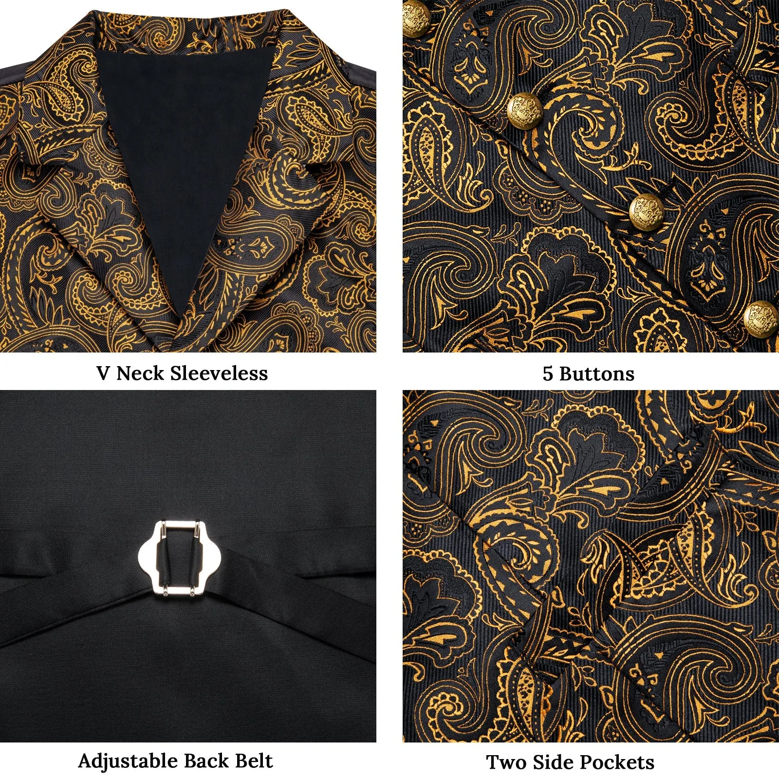 Black Goldenrod Yellow Paisley Men's Collar Vest Tie Hanky Cufflinks Set Waistcoat Suit Set