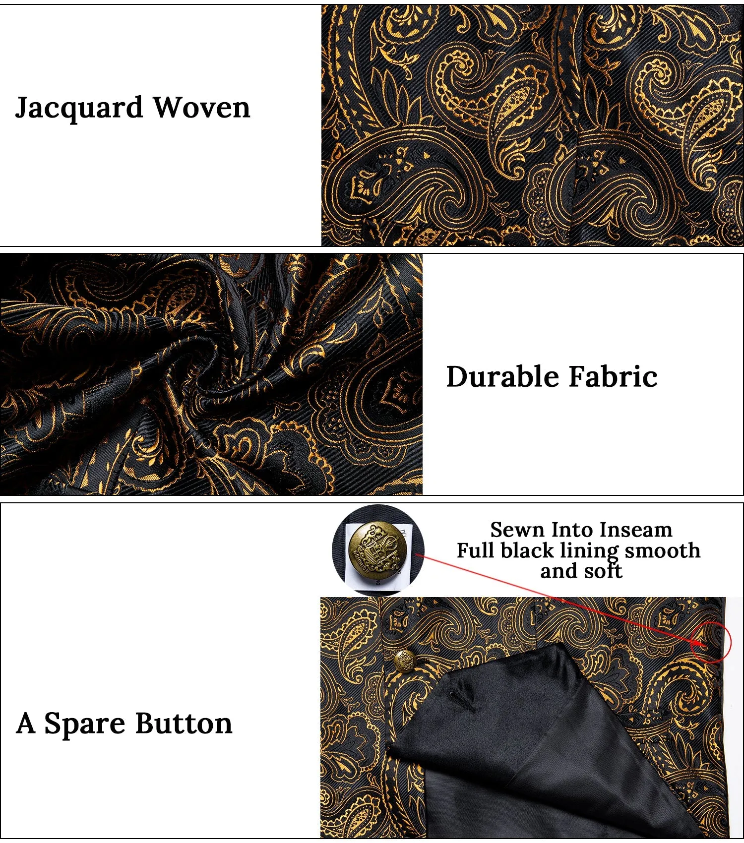 Black Goldenrod Yellow Paisley Men's Collar Vest Tie Hanky Cufflinks Set Waistcoat Suit Set