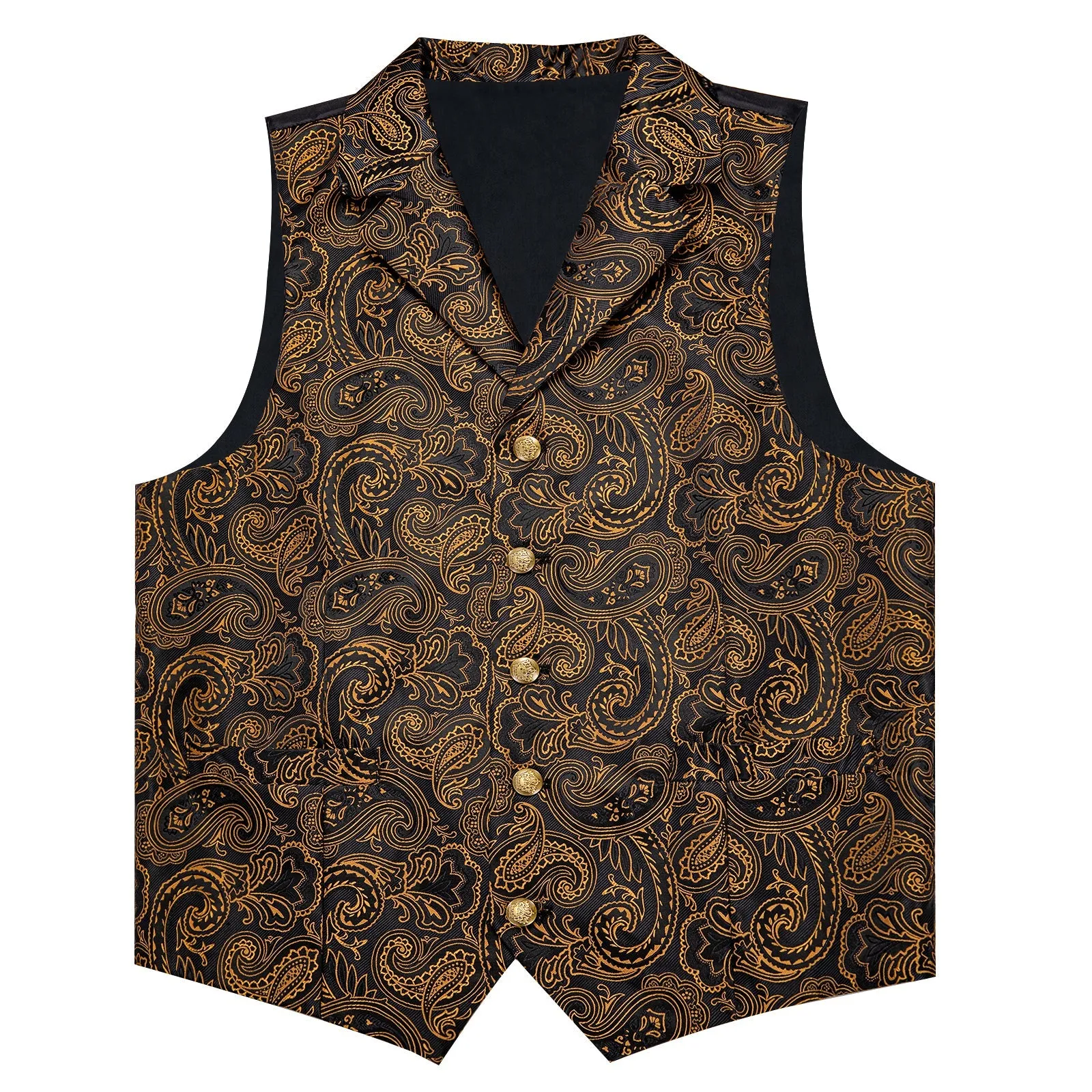 Black Goldenrod Yellow Paisley Men's Collar Vest Tie Hanky Cufflinks Set Waistcoat Suit Set