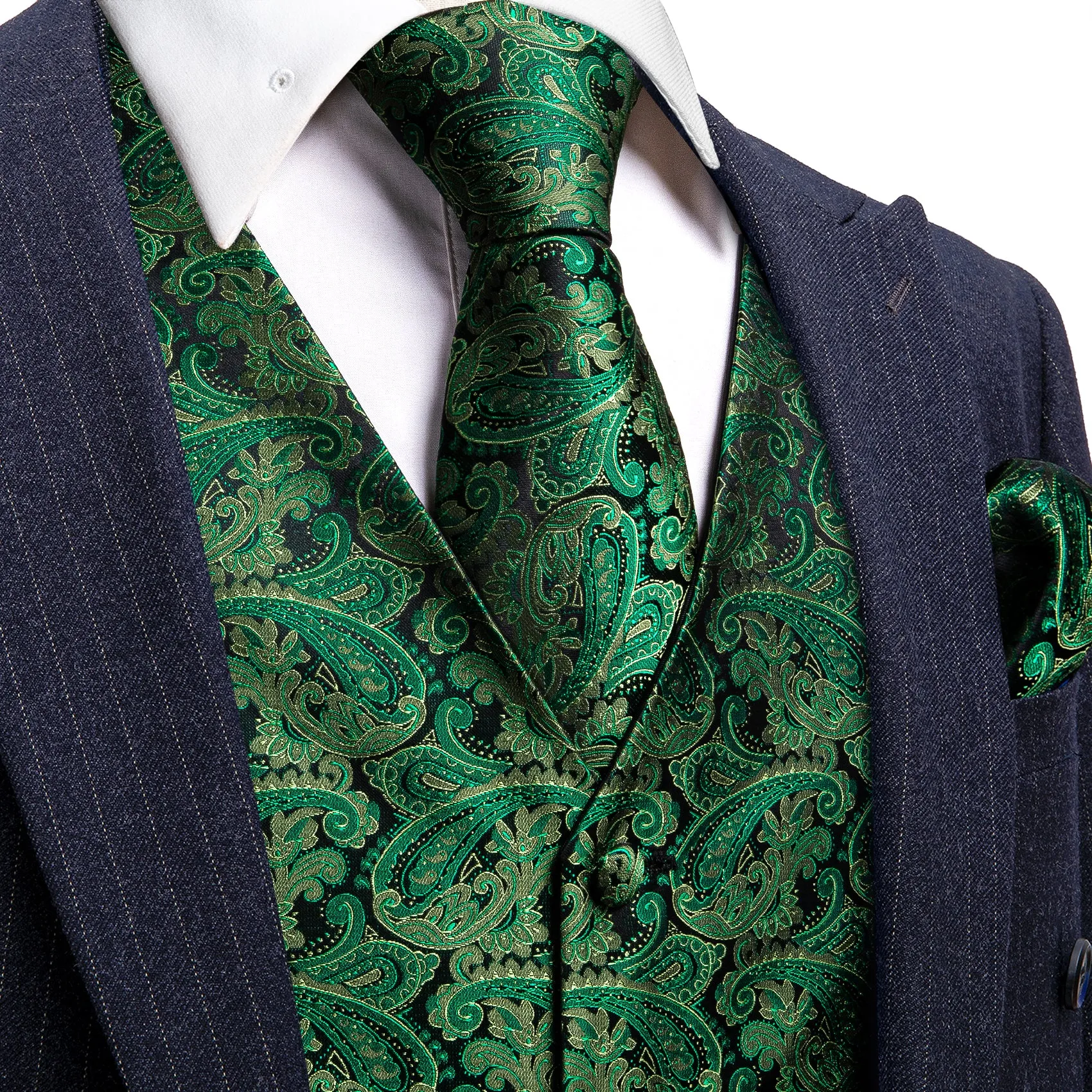 Black Green Paisley Jacquard Silk Men's Vest Hanky Cufflinks Tie Set