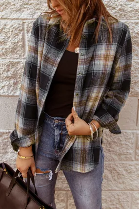 Black Plaid Collared Split Button Up Shacket