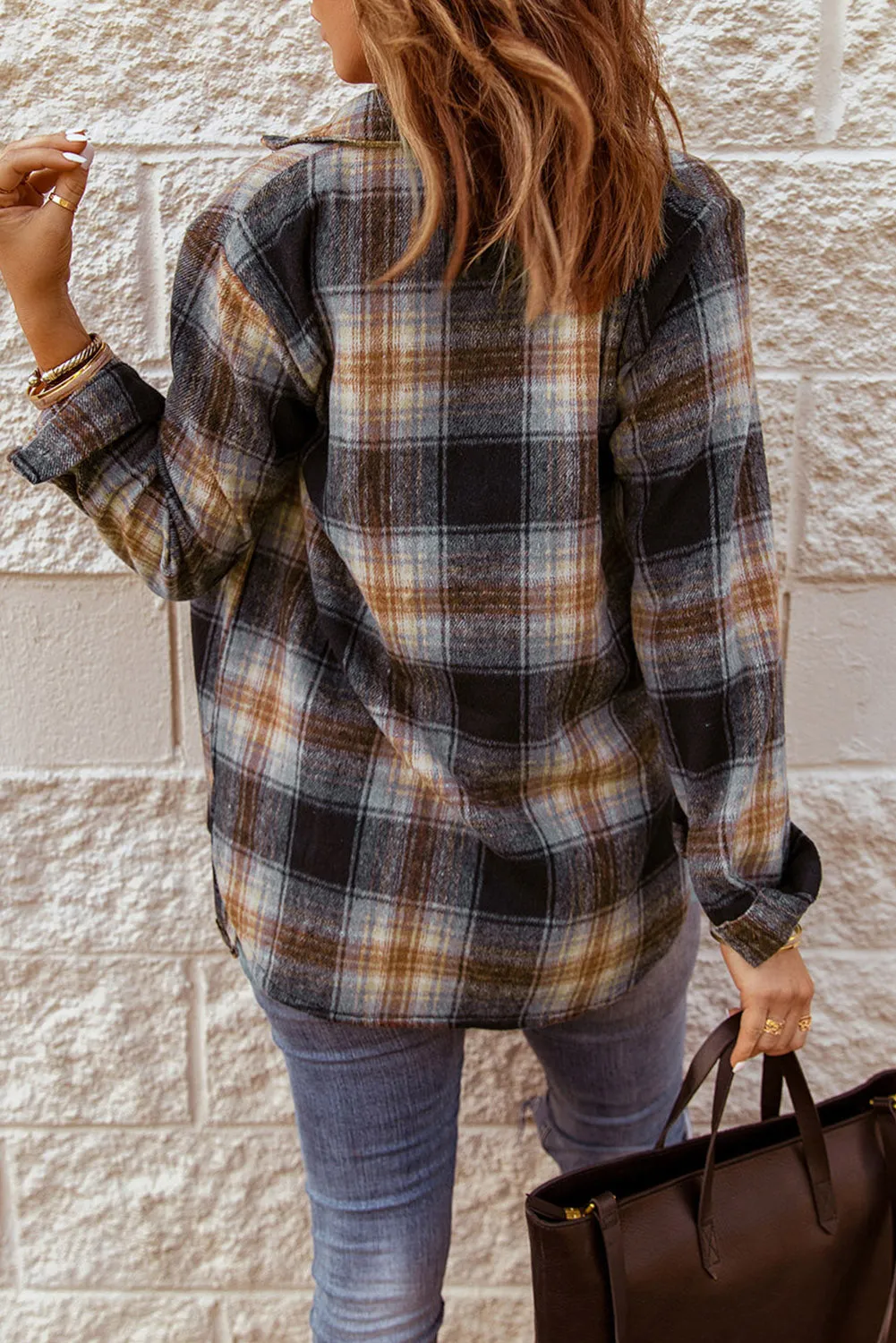 Black Plaid Collared Split Button Up Shacket