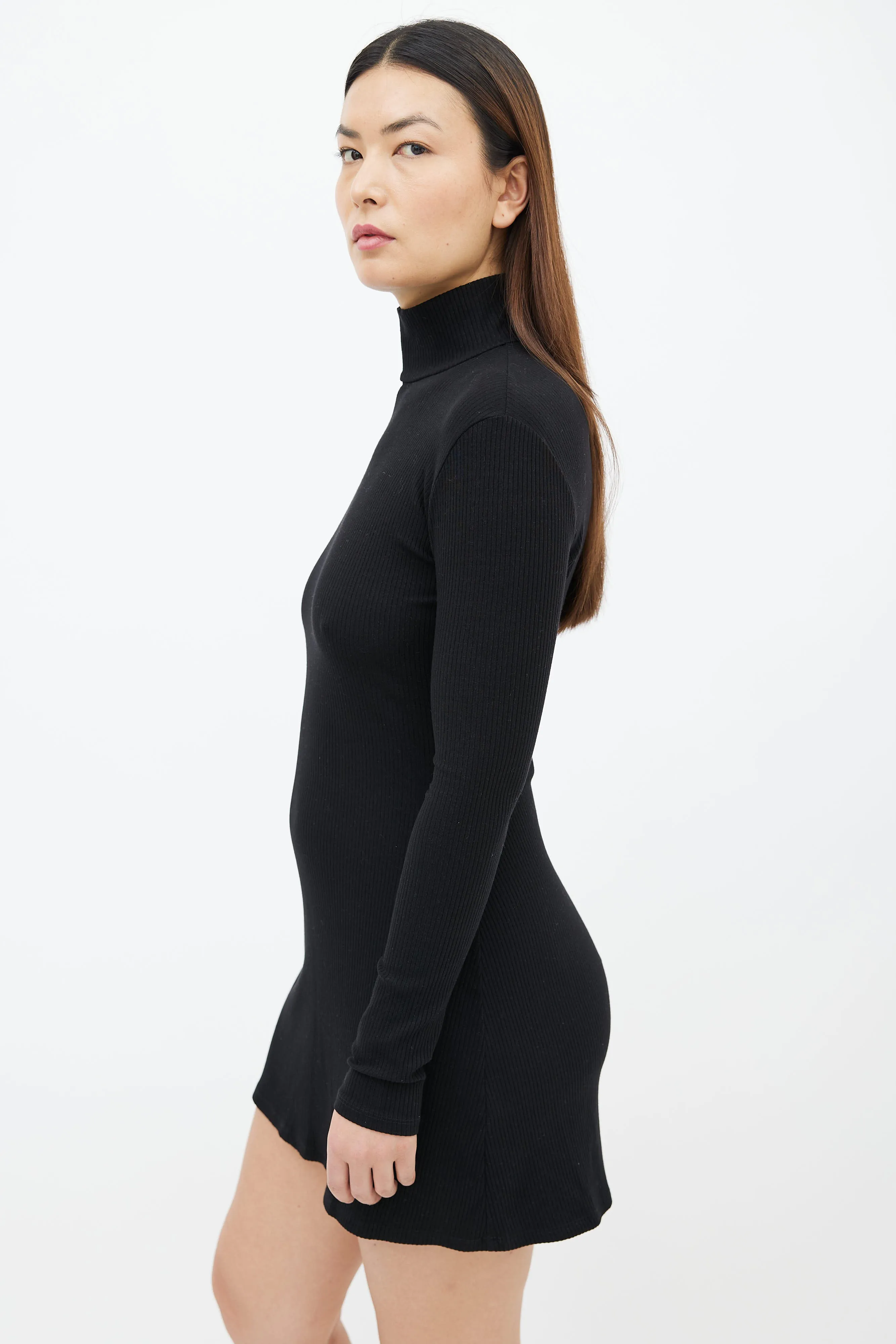 Black Rib Turtleneck Short Dress