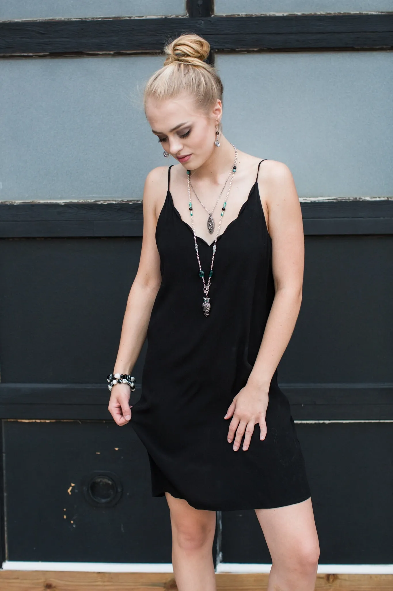 Black Scalloped Cami Slip Dress