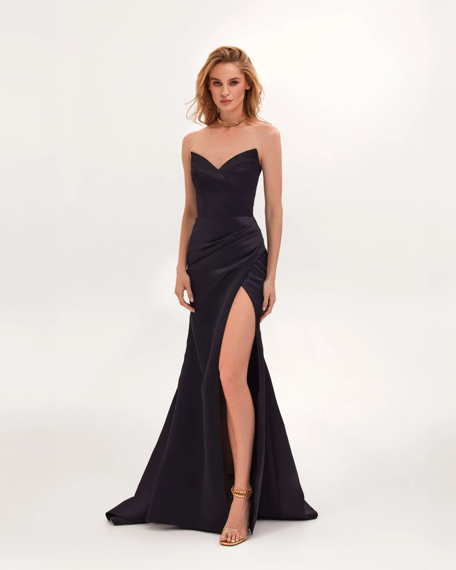 Black Strapless evening gown with thigh slit