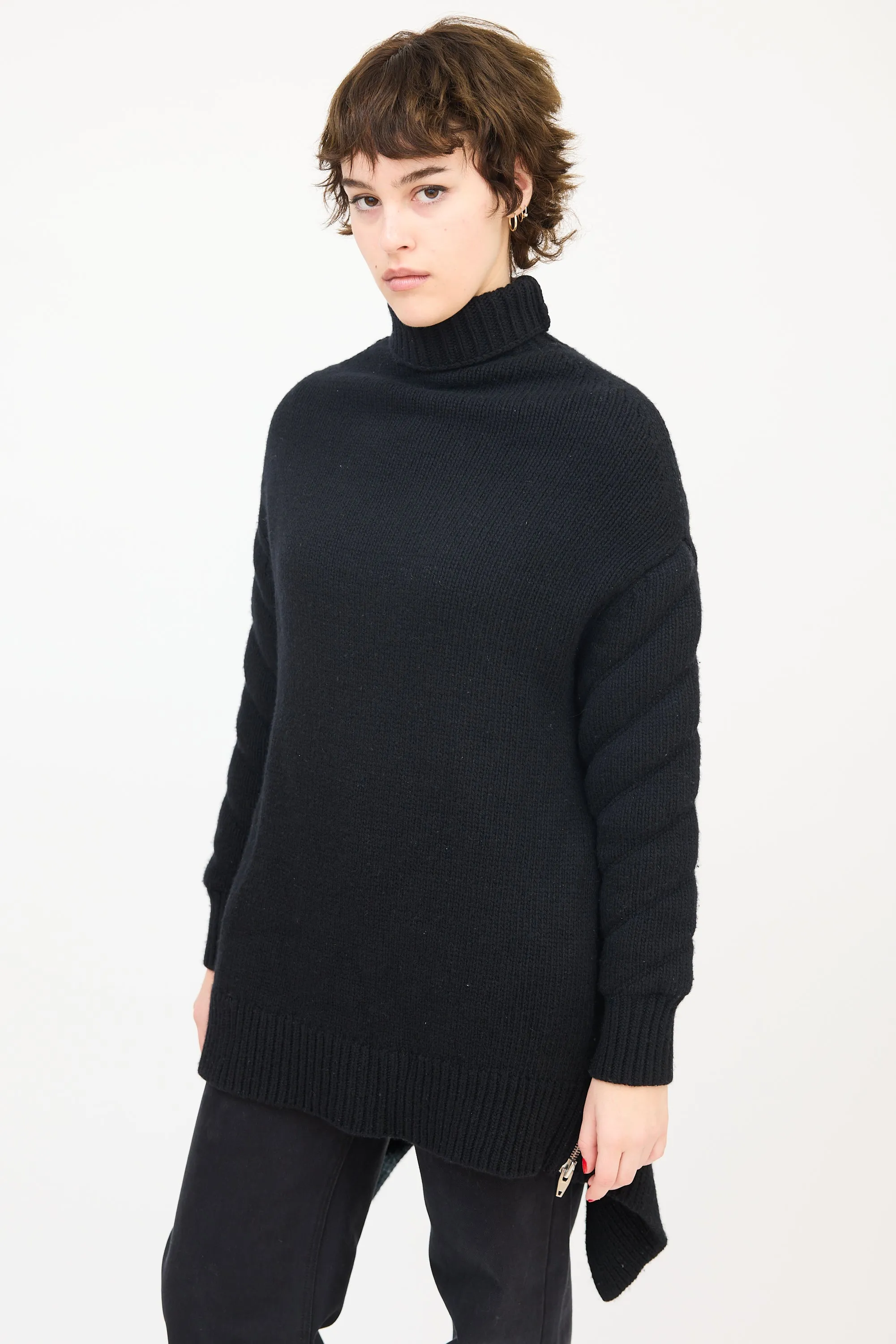 Black Wool Zip Flounce Turtleneck Sweater