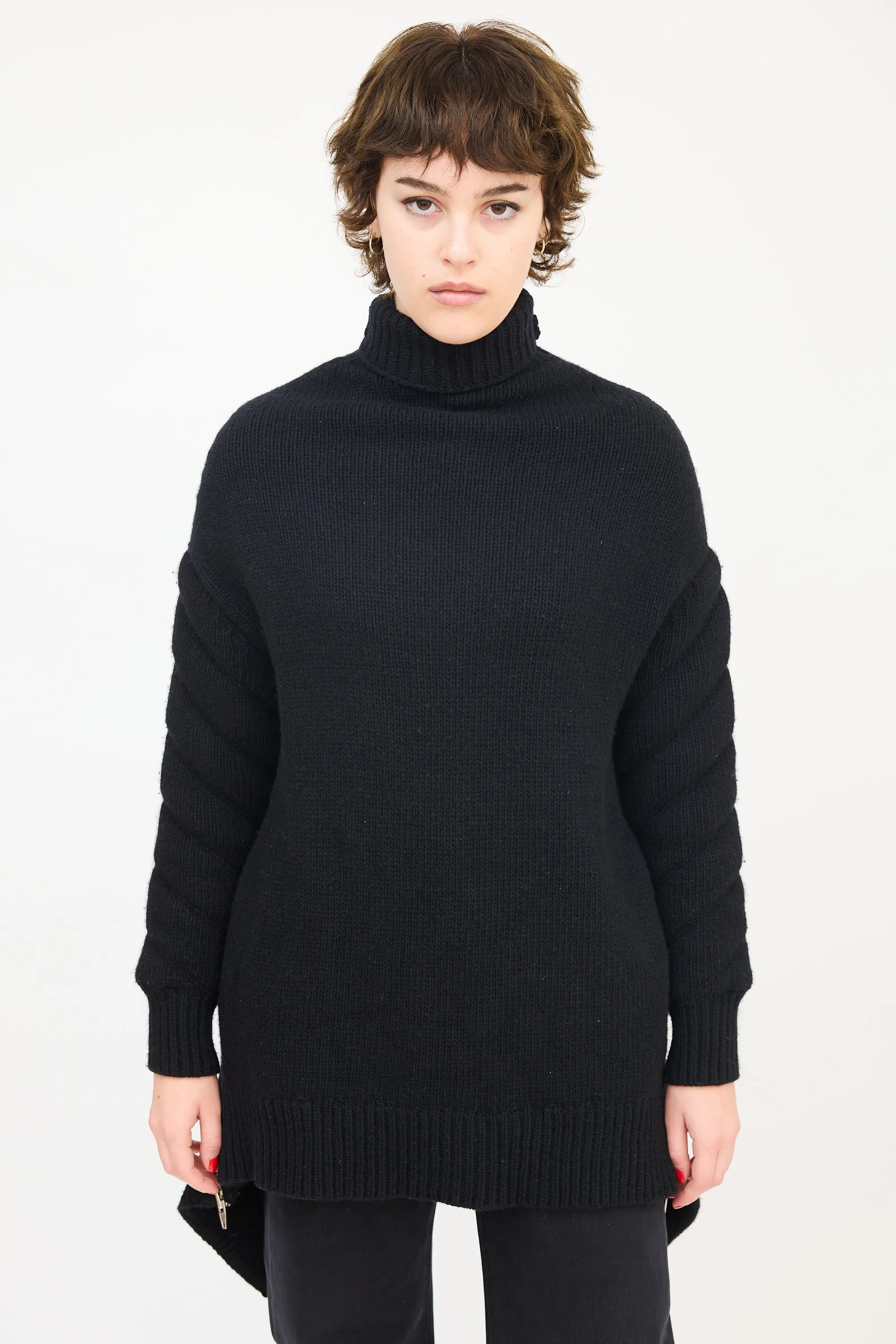 Black Wool Zip Flounce Turtleneck Sweater