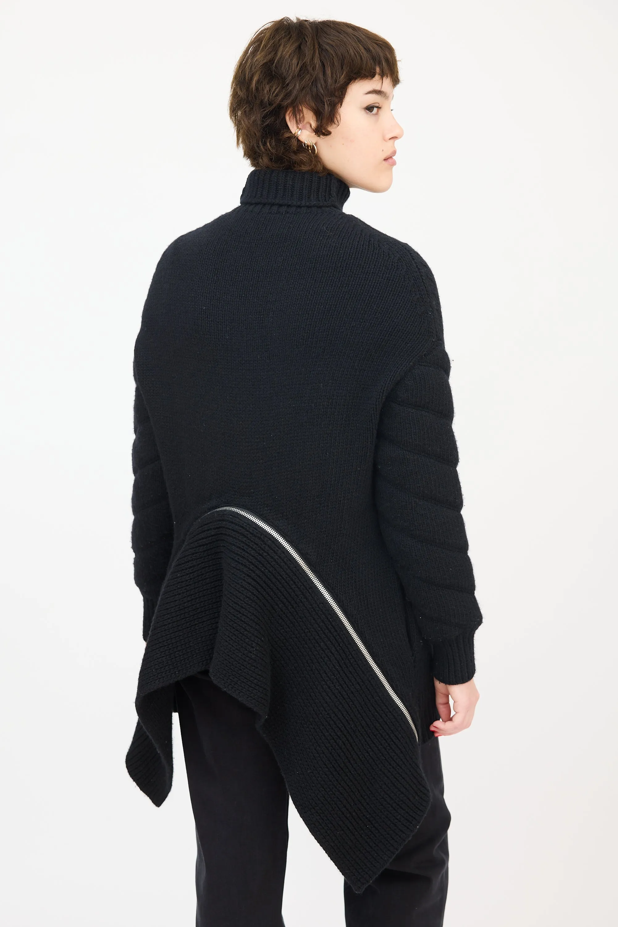 Black Wool Zip Flounce Turtleneck Sweater