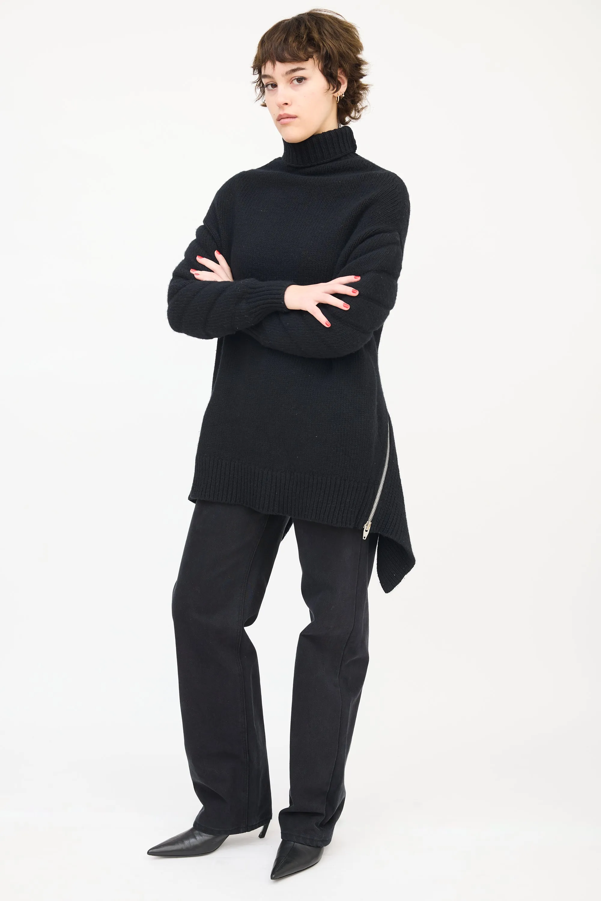 Black Wool Zip Flounce Turtleneck Sweater