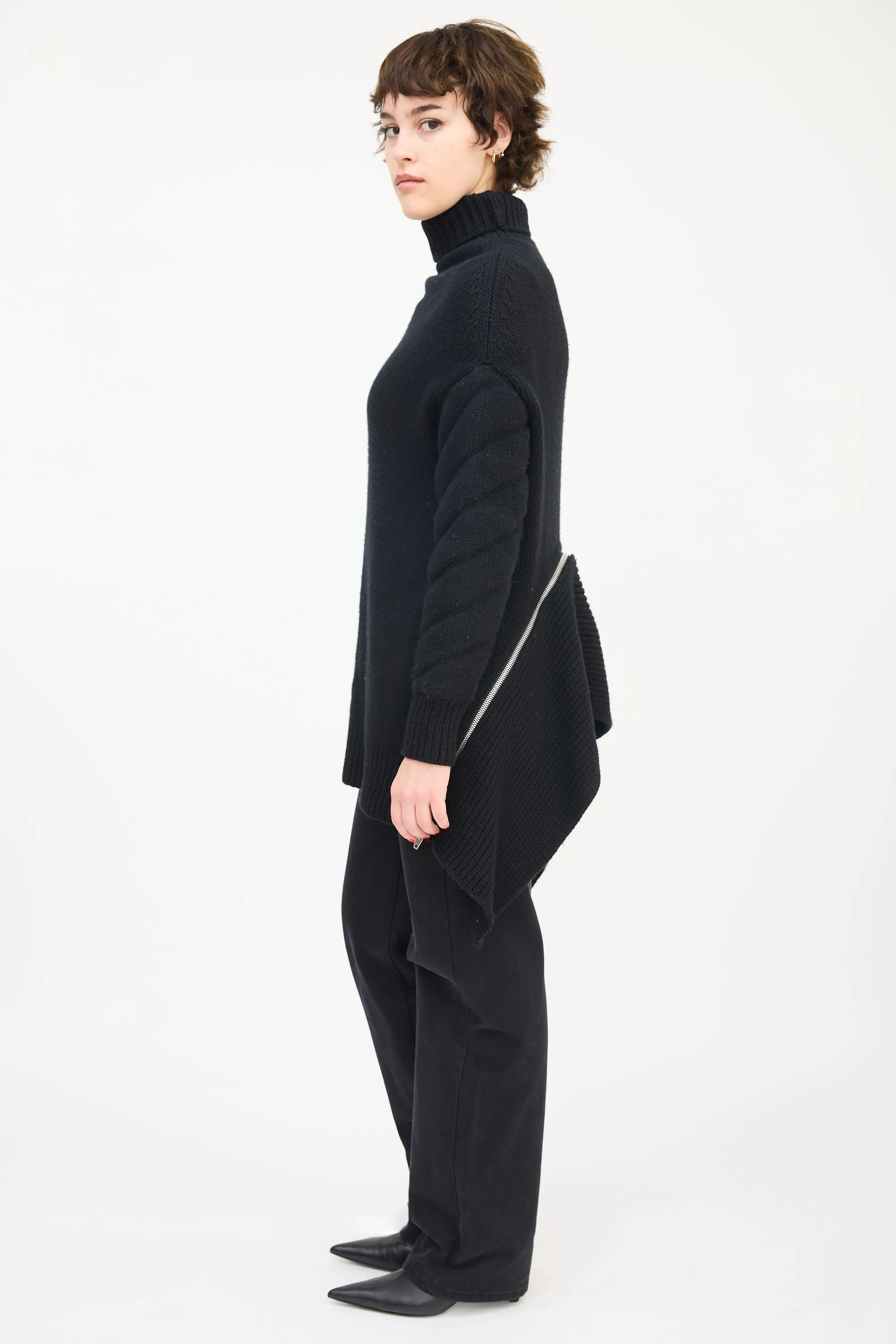 Black Wool Zip Flounce Turtleneck Sweater