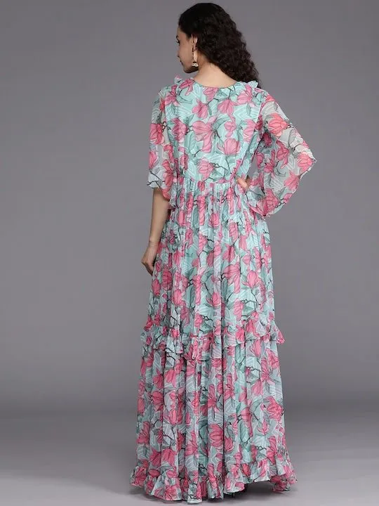 Blue & Pink Floral Chiffon Maxi Dress