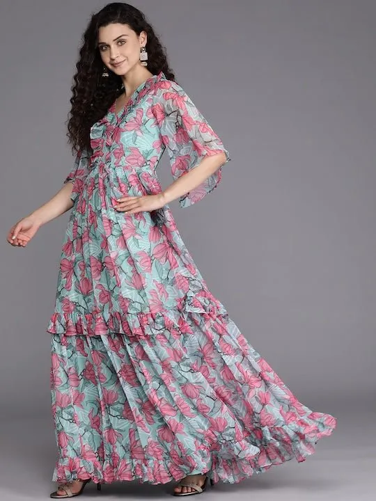 Blue & Pink Floral Chiffon Maxi Dress